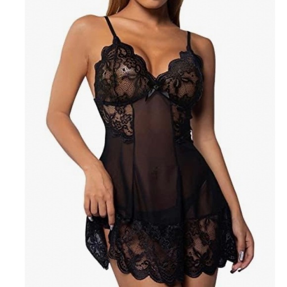 No Brand Other - Black Mesh Lace Cami Mini Dress‎ Lingerie Sexy Feminine Babydoll 2 piece Small